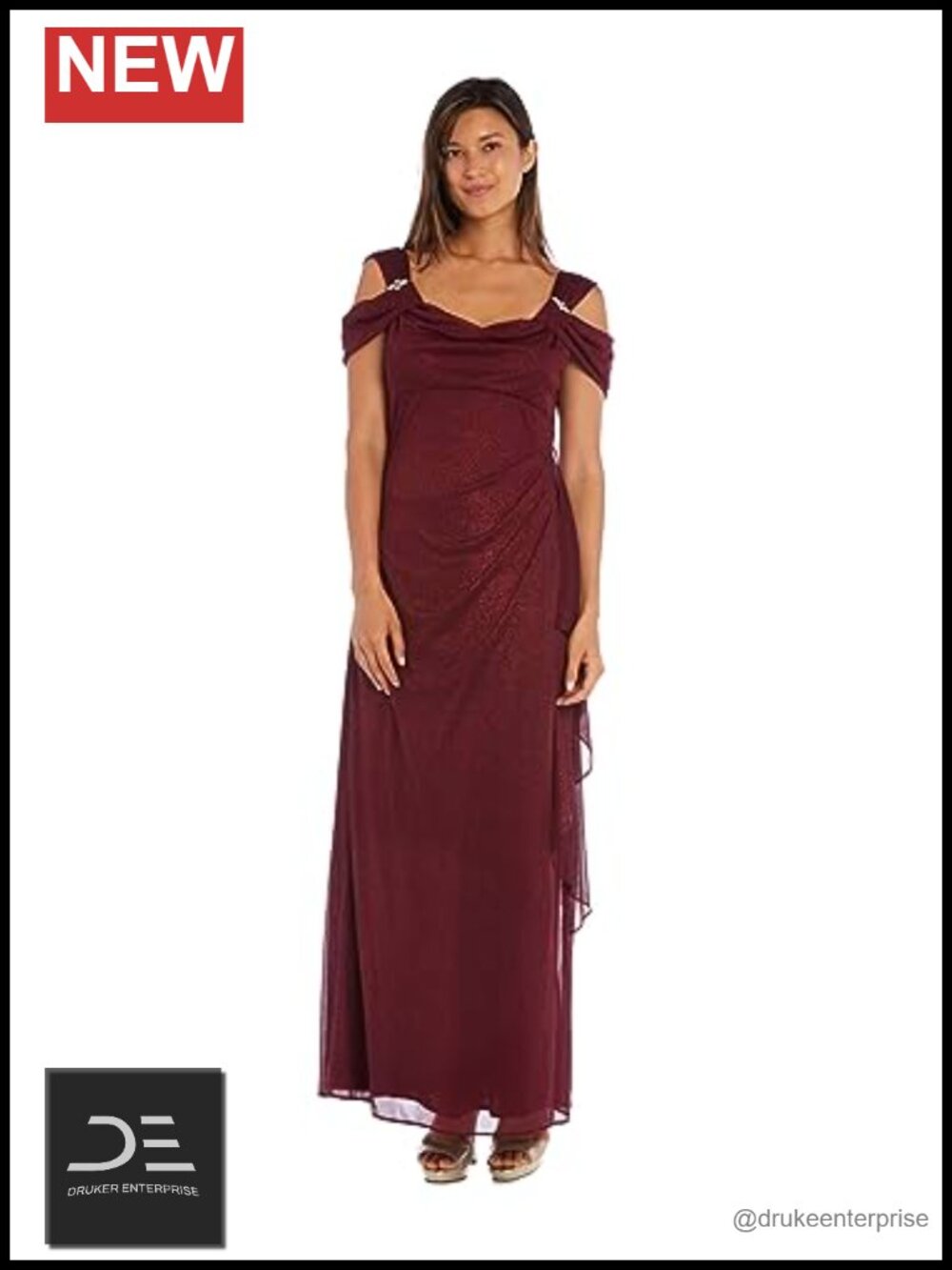 R&M Richards Cold Shoulder Glitter Chiffon Empire Waist Evening Gown